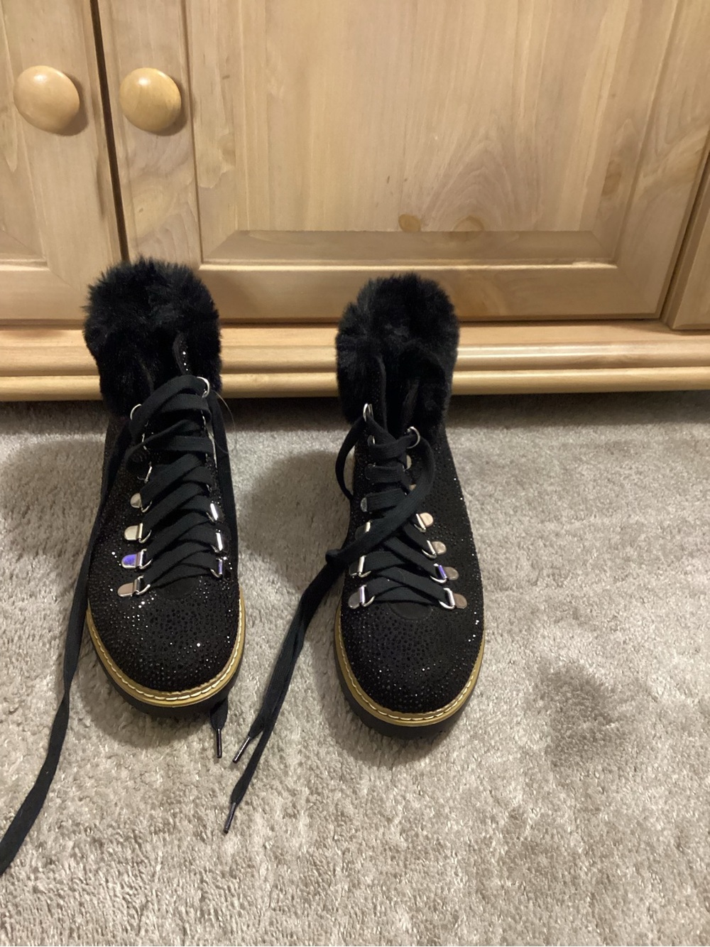 INC International Concepts Black Sparkle Lace-Up Boots with Gold Trim